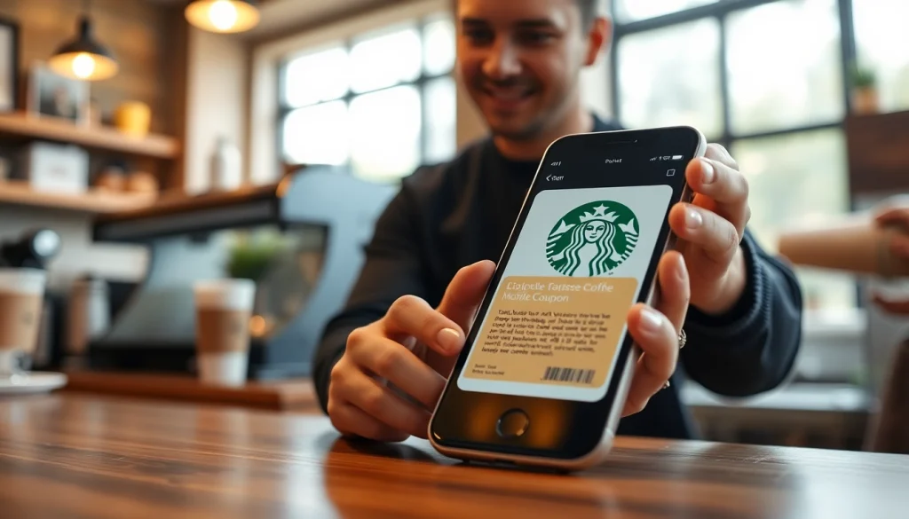 스타벅스 모바일쿠폰이 휴대폰에 표시된 커피숍 장면
