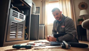 Enhance heating repair south salem with a technician focused on a furnace repair in a cozy home.