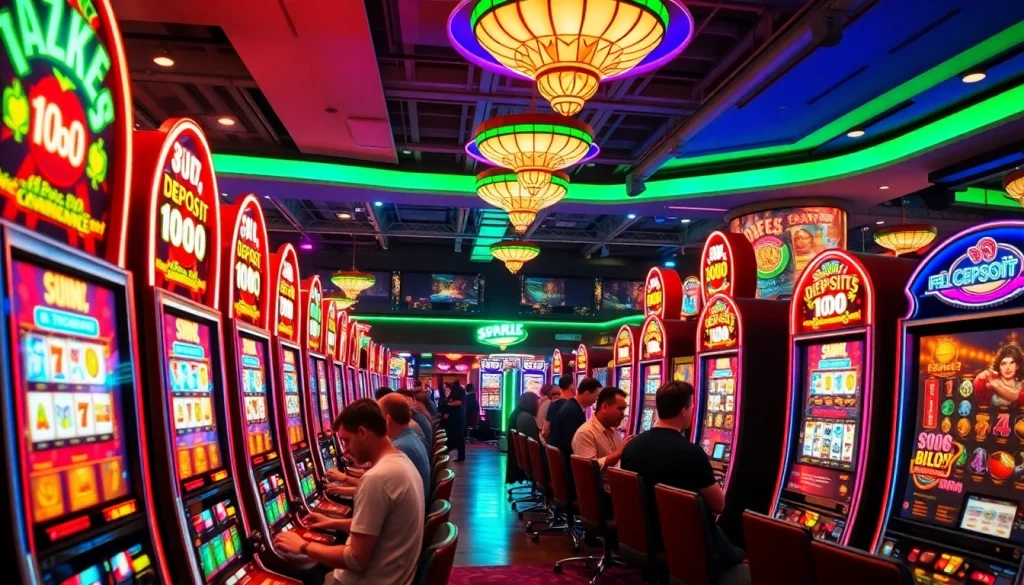 Menampilkan gameplay slot deposit 1000 dengan suasana kasino yang meriah dan menarik.