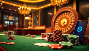 S8 casino scene featuring vibrant poker chips and an elegant roulette wheel.