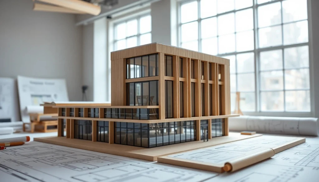 Architekturmodellbau Essen mit modernem Gebäudemodell und Entwurfswerkzeugen.