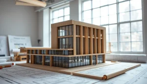 Architekturmodellbau Essen mit modernem Gebäudemodell und Entwurfswerkzeugen.