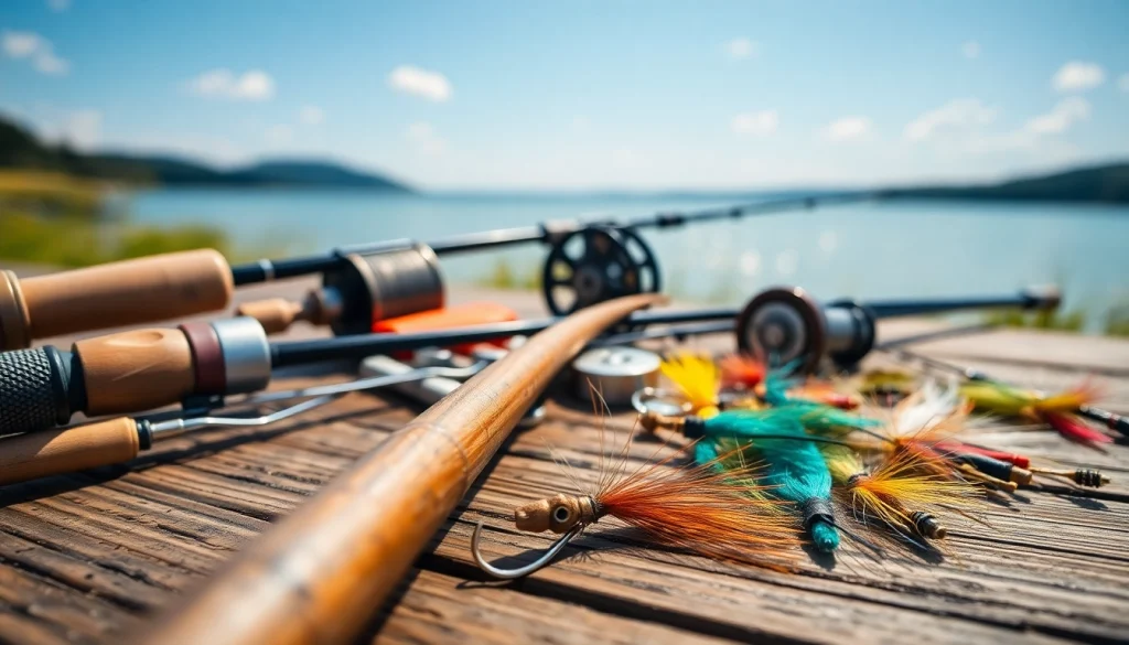 Capture the essence of fly fishing kit with an arranged setup of rods and reels on a wooden table.