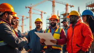 Engaged construction workforce development team on-site, collaborating with tools and blueprints.