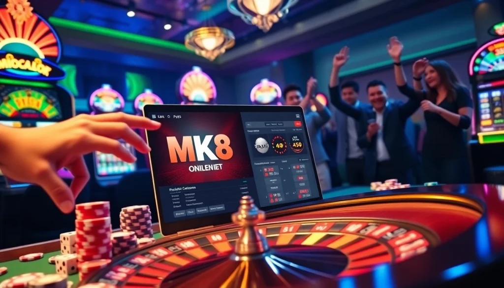 An engaging scene of energetic gambling at MK8th.net with poker chips and a roulette wheel highlighted.