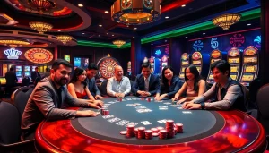 Experience Gopay88 Daftar at an exciting poker table surrounded by players and vibrant casino elements.