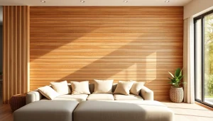 Elegant slatted wall enhancing a modern living room's ambiance with natural wood tones.