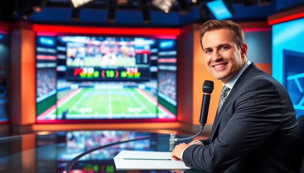 Engaging sports broadcasting scene showcasing an anchor in a professional setting.