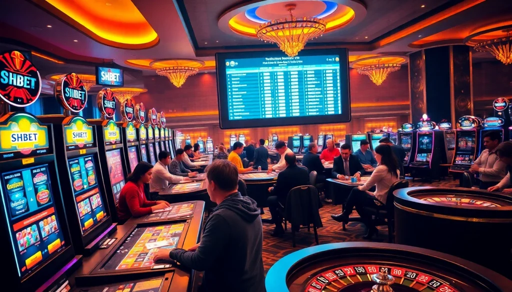 Experience thrilling gambling action at https://shbet.law/ with vibrant slot machines and excited players.