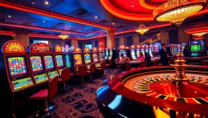 Aksi permainan yang seru di kasino menampilkan mesin slot deposit pulsa, warna-warni yang hidup, dan pemain yang antusias.