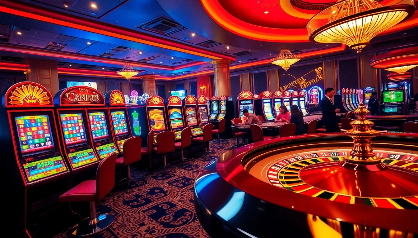 Aksi permainan yang seru di kasino menampilkan mesin slot deposit pulsa, warna-warni yang hidup, dan pemain yang antusias.