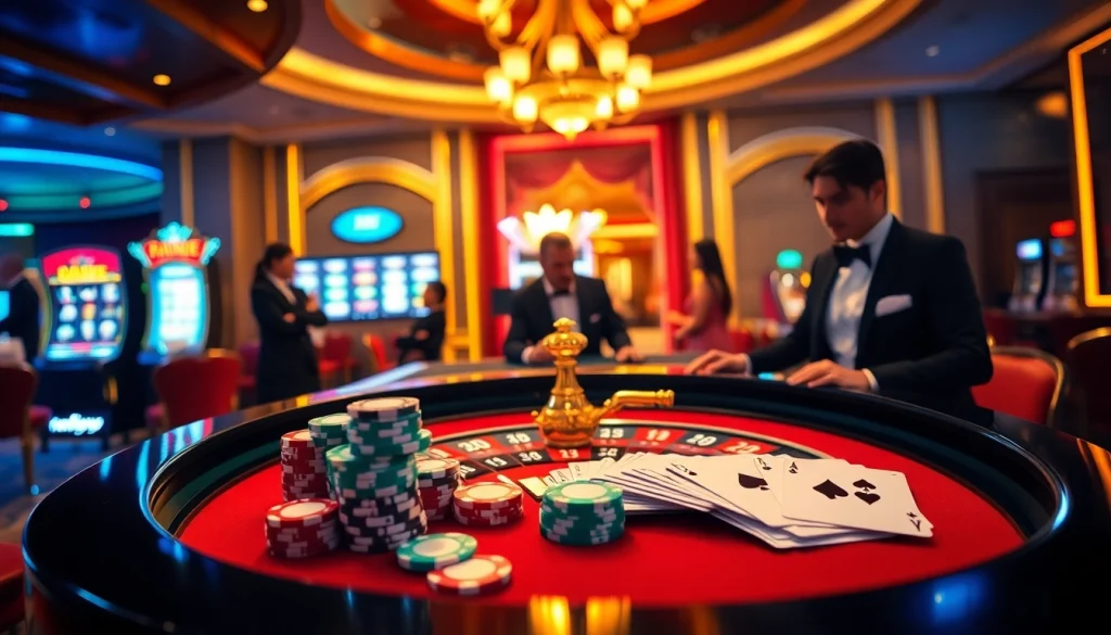 Experience thrilling gameplay with FLY88 at a luxurious casino featuring roulette and poker chips.