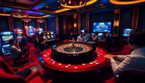 Gamblers enjoying a thrilling game at the nhà cái yo88 casino, with a roulette table and vibrant poker chips.