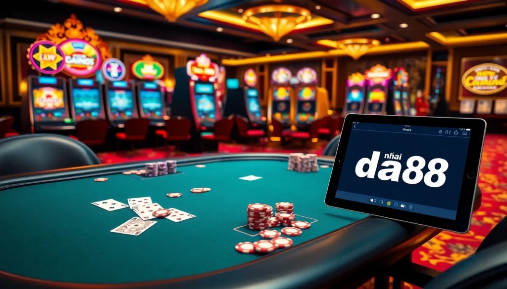 Engaging scene of high-stakes poker at nhà cái da88 casino, showcasing intense gameplay with vibrant chips.