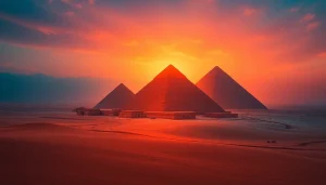 Explore the majestic piraminds of Giza set against a stunning sunset backdrop.