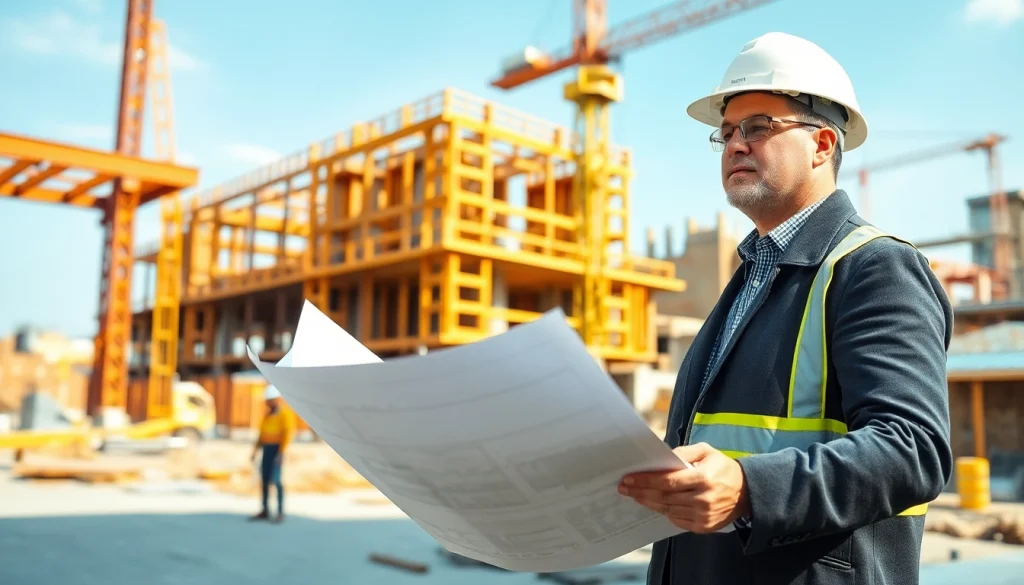 New Jersey Construction Manager supervising a busy construction site with workers and blueprints.