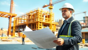 New Jersey Construction Manager supervising a busy construction site with workers and blueprints.