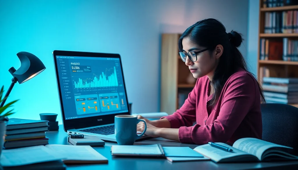 Web scrapping illustration with a laptop showing analytics and a focused programmer.