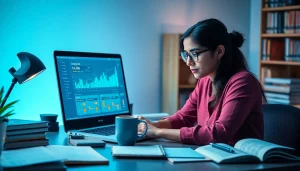 Web scrapping illustration with a laptop showing analytics and a focused programmer.