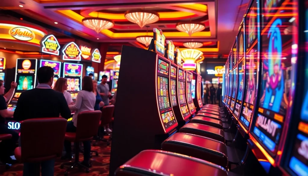 Menangkan di slot depo 1k dengan slot machine yang berwarna-warni dan pemain yang antusias.