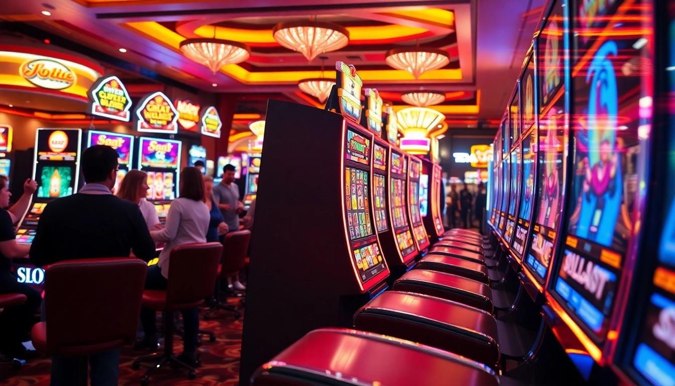 Menangkan di slot depo 1k dengan slot machine yang berwarna-warni dan pemain yang antusias.