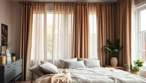 Geniet van verduisterende gordijnen die zonlicht blokkeren in een sfeervolle slaapkamer.