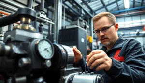 Inspecting hydraulic pump services within a professional workshop environment.