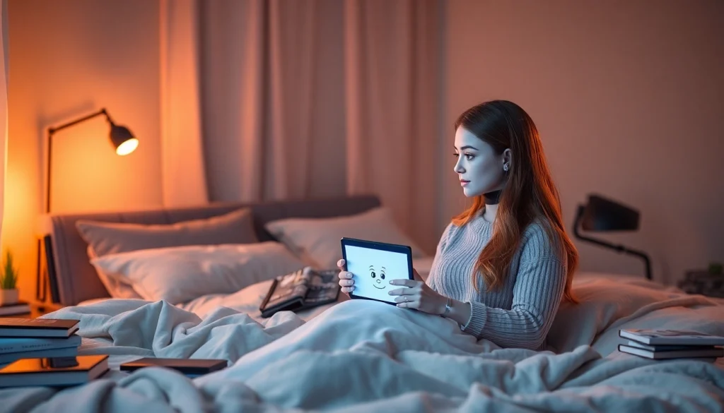 AI sex chat conversation in a cozy bedroom with modern technology.