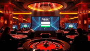 Onicplay login interface displayed among vibrant casino tables with players enjoying games.