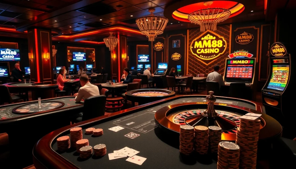 MM88 showcases an exciting casino scene with players at poker and roulette tables, capturing luxury and thrill.