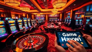 Experience the excitement of Game Haywin with vibrant casino tables and modern slot machines.