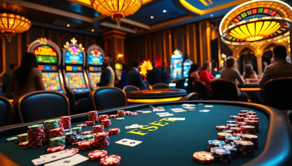 F8BET gaming table with colorful chips and poker cards in a luxurious casino setting.