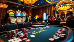 F8BET gaming table with colorful chips and poker cards in a luxurious casino setting.