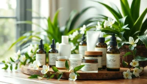 Naturali kosmetika produktai guli ant medinio stalo, apsupti žalių augalų.