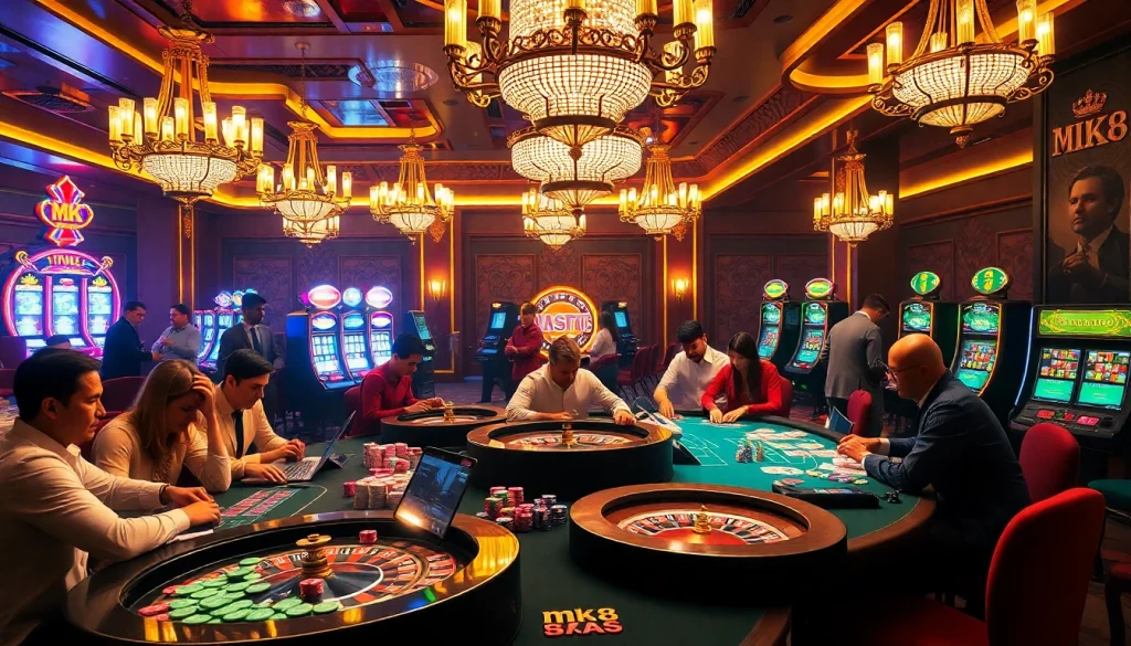 Engaged players enjoying various gambling activities at MK8 casino, surrounded by vibrant tables and machines.