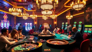 Engaged players enjoying various gambling activities at MK8 casino, surrounded by vibrant tables and machines.