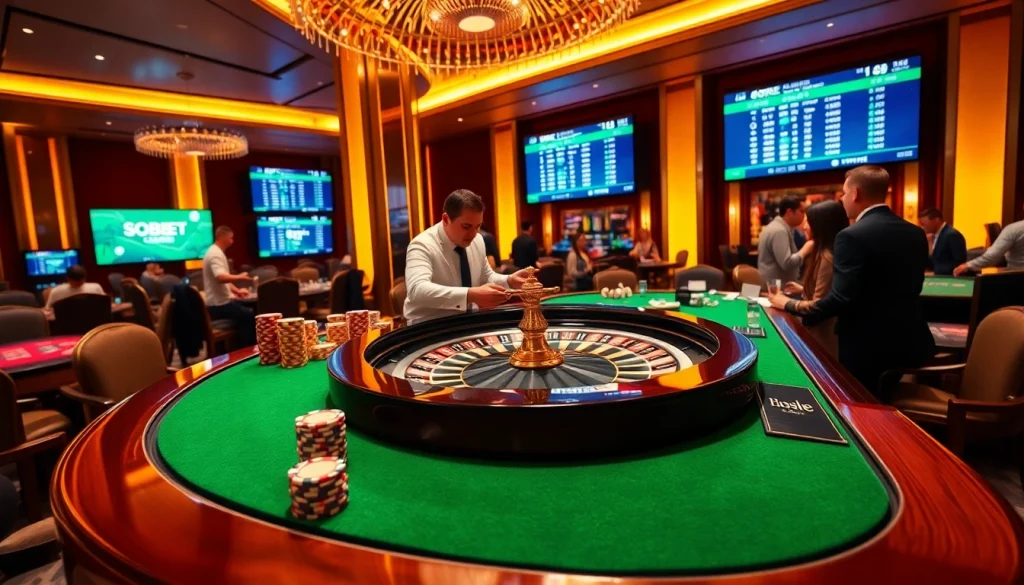 Experience sbobet action at an upscale casino table with vibrant chips and a professional dealer.
