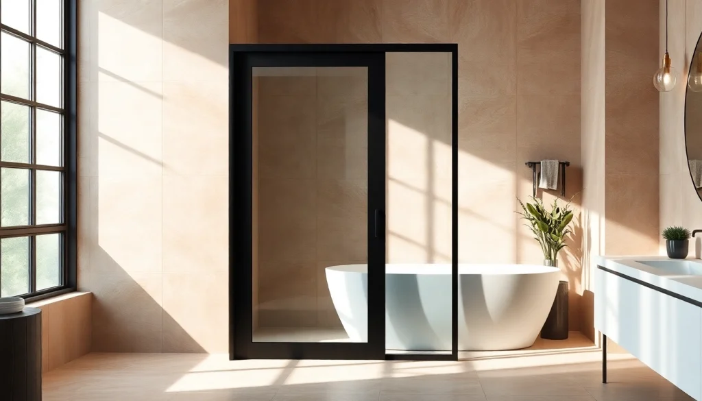Enhance your bathroom decor with a stylish black shower sliding door, showcasing contemporary design.