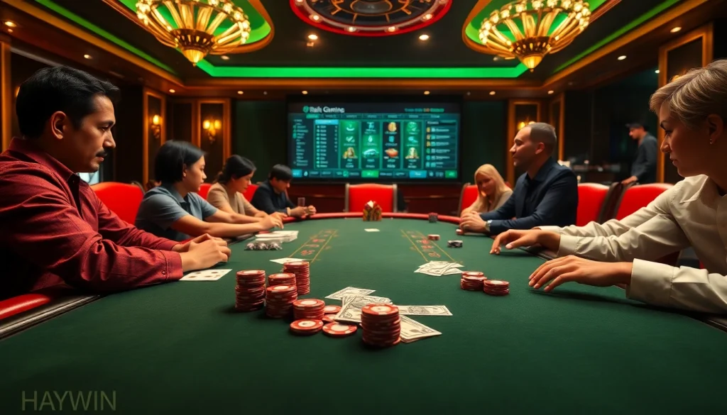 Play poker at haywin with excitement in a luxurious casino setting, featuring vibrant colors and engaged players.