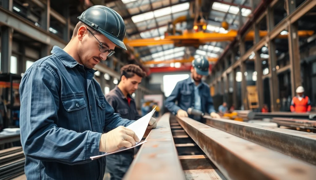 Steel fabricators near me assembling steel structures at a busy construction site.