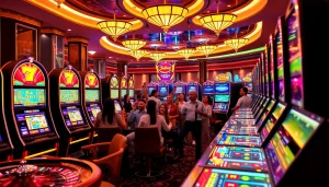 Merayakan kemenangan besar di mesin slot deposit pulsa dalam lingkungan kasino mewah.