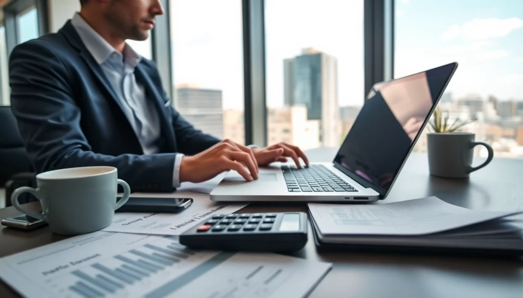 Accountant analyzing financial documents in a professional office setting.