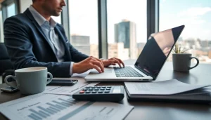 Accountant analyzing financial documents in a professional office setting.