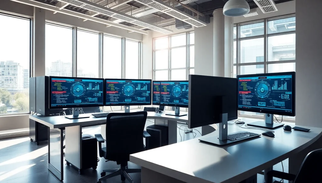 Providing expert computer service in a modern office with sleek tech setup and bright lighting.