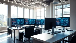 Providing expert computer service in a modern office with sleek tech setup and bright lighting.