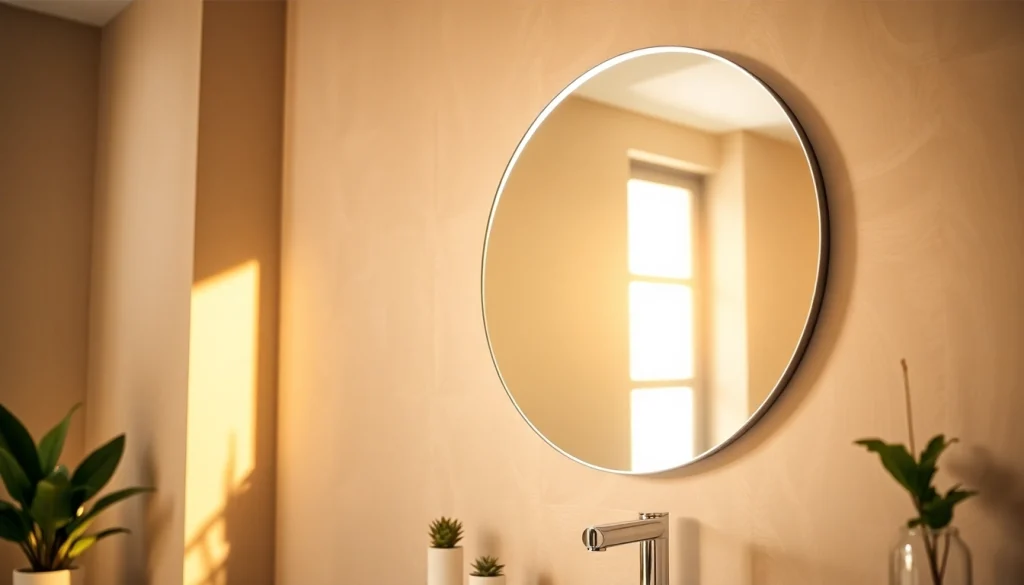Bright bathroom mirror with LED light reflecting stylish interior design.