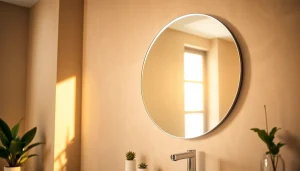 Bright bathroom mirror with LED light reflecting stylish interior design.