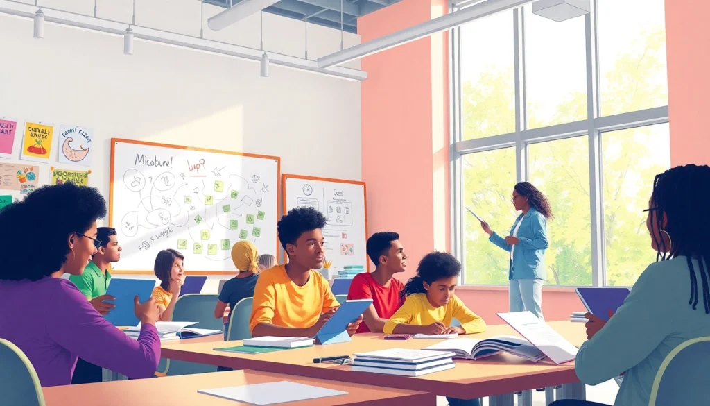 Education-focused classroom with diverse students actively engaged in collaborative learning.