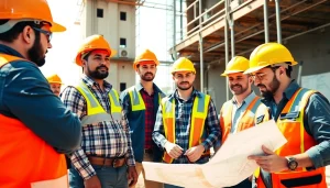 Engaged professionals discussing Careers in construction on a job site with tools and blueprints.
