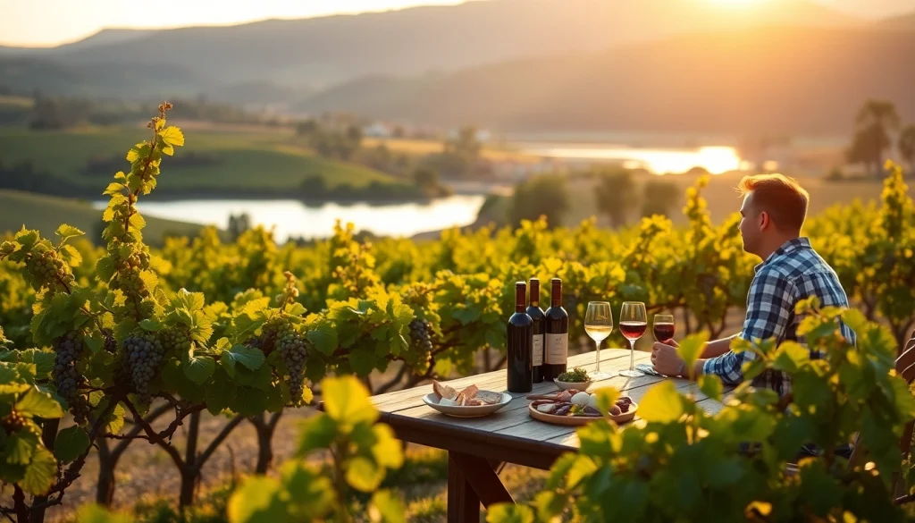 Engaging scene of Clarksburg wineries showcasing a vineyard with wine tasting experience and ripe grapes.